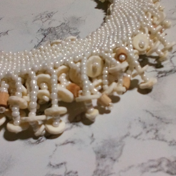 Vintage Artisan Hand Crafted Crochet MOP Ostrich Shell & Wood Beaded Necklace - Picture 4 of 12